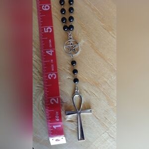 Black Beaded Necklace with Silver Ahnk Cross and Pentagram